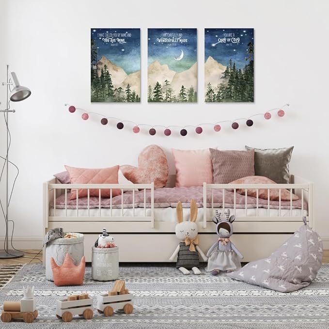 Nursery Scripture Wall Art, Set of 3 Nursery Bible Verse Wall Decor, Star Night Mountain Forest Wall Art, Nature Woodland Decor Canvas Prints, Inspirational Christian Kids Art, Framed 16"x24"