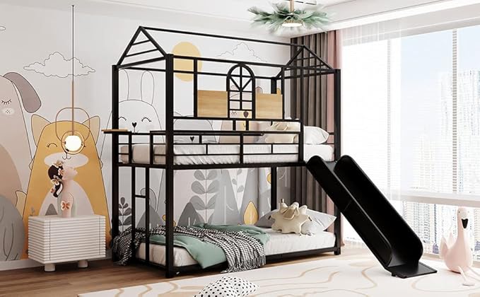 MERITLINE Metal Bunk Bed Twin Over Twin Bunk Bed Frame with Slide,Twin Over House Bed with Guardrails