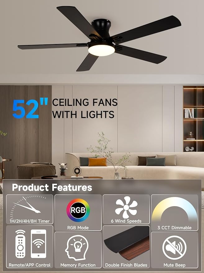 52 Inch Ceiling Fans with Lights, RGB Ceiling Fan with Remote and App,Flush Mount Low Profile, Dimmable 35W LED, Reversible, Smart Ceiling Fan for Bedroom Nursery Living Room Apartment,Black