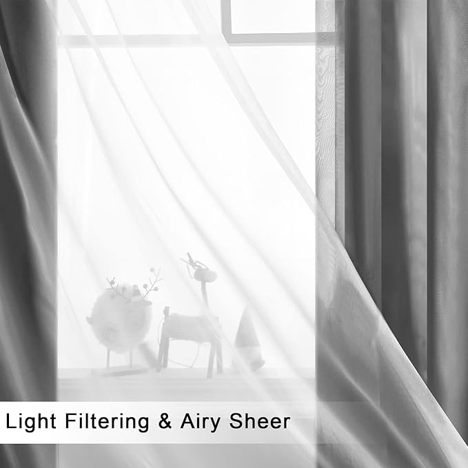 Hiasan Blackout Curtains with Sheer 84 Inches Long, Grommet Thermal Insulated Mix & Match Double Layer Window Curtains for Bedroom, Living Room, 2 Drape Panels with Tiebacks, Grey, 42W X 84L