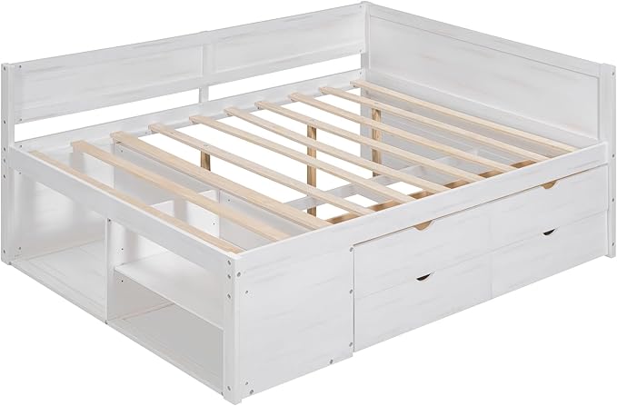 Full Size Daybed with 4 Storage Drawers and Shelves, Wooden Full Platform Bed Frame with L-Shaped Headboard and Slats Support, Corner Bed Full Captain Beds for Kids Boys Girls Teens, White