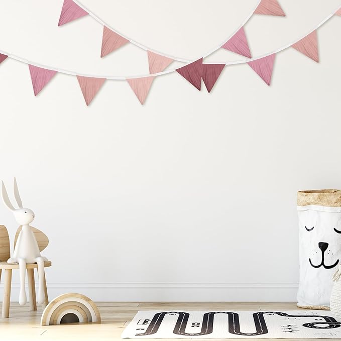 Oudain 15.5 ft Pennant Banner Flags, 2 Pcs Nursery Garland Triangle Bunting Flag Baby Banner for Nursery Decor Baby Shower Birthday Boho Wedding Party Event, Each 7.75 ft (Pink Color)