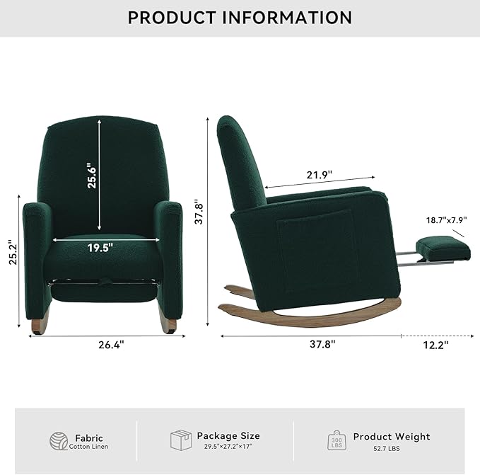 FOXHUNTER Rocking Chair Nursery with Adjustable Footrest and High Backrest, Upholstered Glider Chairs with Side Pockets for Nursery, Rocker Armchair Indoor for Living Room,Green