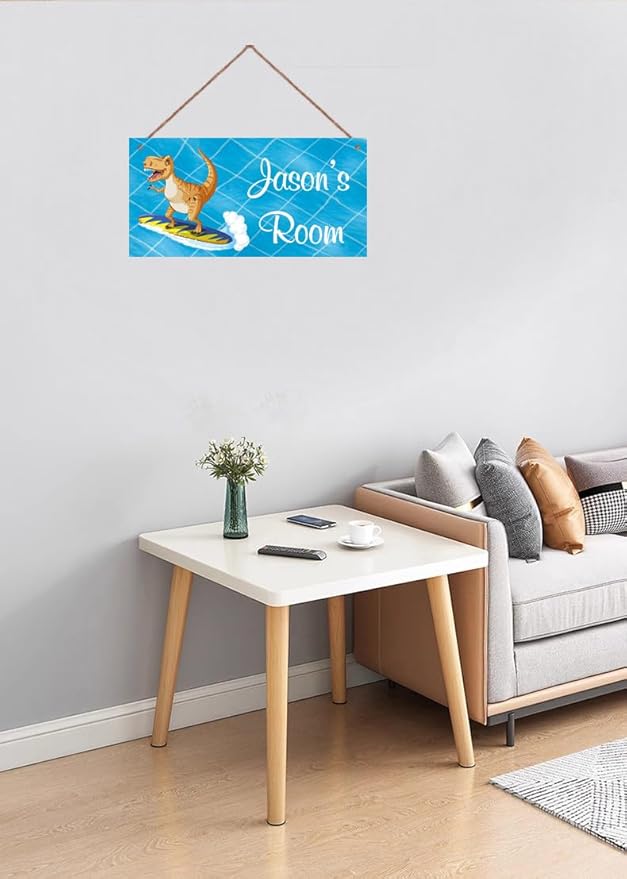 Personalized Dinosaur Sign Surf Riding Art Decor For Kids Room Custom Name Door Wall Decor, Floral Nursery Art For Boys Room Baby Bedroom Girls Cave, 5*10inch Tin Wood Wall Mount Sign