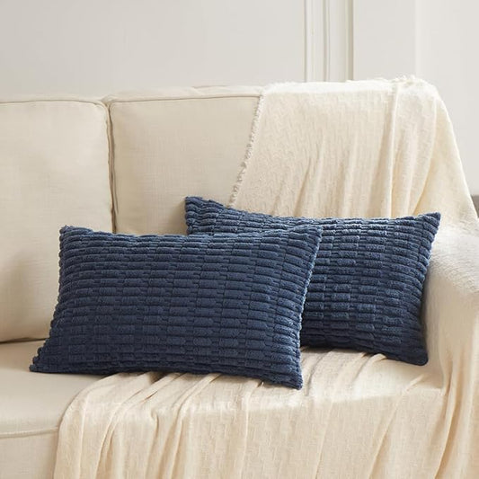 Fancy Homi 2 Packs Dusty Blue Lumbar Decorative Throw Pillow Covers 12x24 Inch for Living Room Couch Bed Sofa, Rustic Farmhouse Boho Home Decor, Soft Striped Corduroy Rectangle Cushion Case 30x60 cm