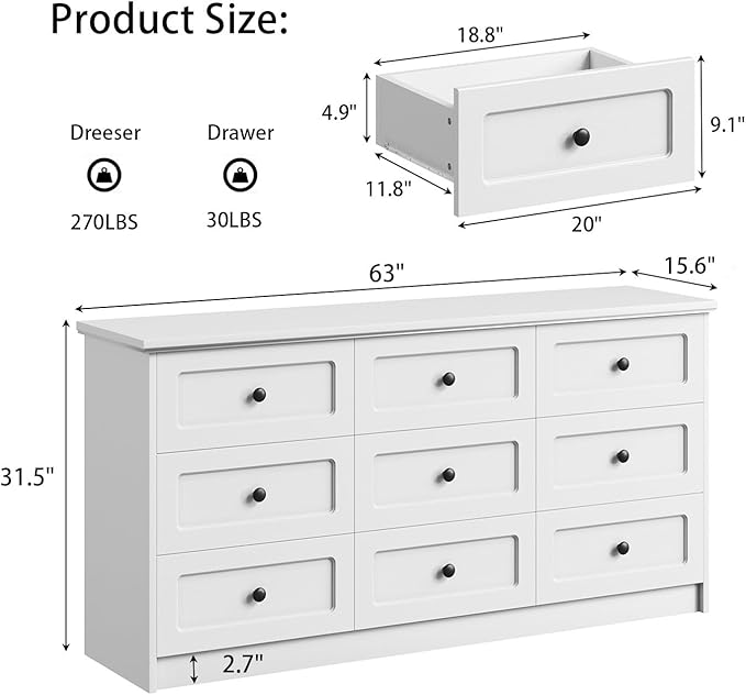 63'' W Long Modern Dresser 9 Drawers with Handles, White Dresser & Chest of Drawers with Large Capacity Storage, Freestanding Storage Dressers for Bedroom, Living Room, Hallway