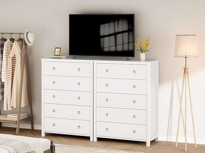 IDEALHOUSE Dresser for Bedroom with 5 Drawers, 45'' Tall Chest of Large Drawers with Large Clothes Storage Cabinet, Wood Bedroom Dresser, TV Stand for Nursery, Living Room, Enterway, White