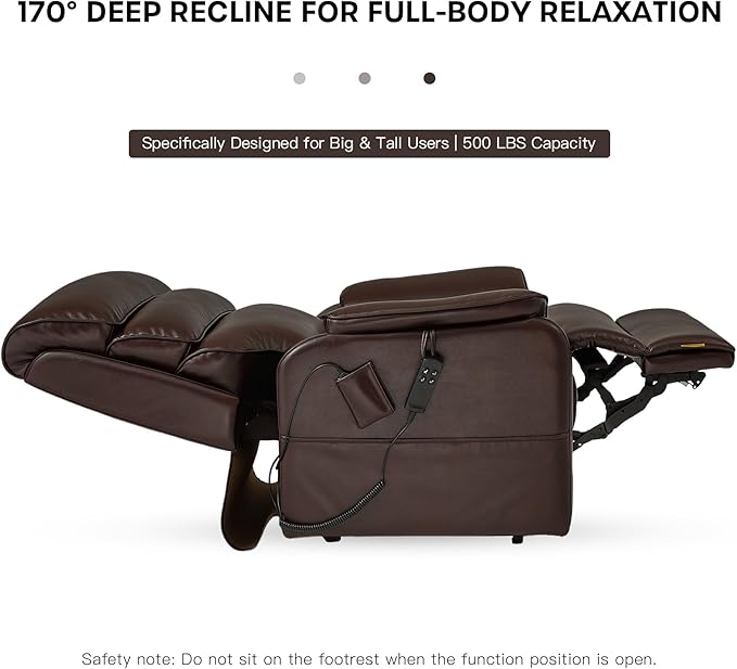DYNOX Big Man Lift Chair 500lbs Extra Large Wide Lift Recliner Oversized Tri-Motor Power Lift Chair for Elderly, Massage & Dual Heat for Back and Seat (9398, Faux Leather, Brown)