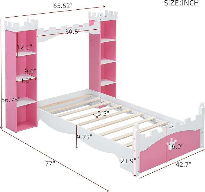 Castle-Shaped Wooden Platform Bed with Storage Shelf, Dreamy Twin Size Kids Platform Bed for Girls Boys Bedroom, Sturdy Slats Support (Pink+White Castle)