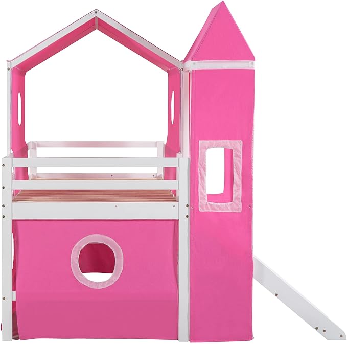 Playhouse Design Twin Size Low Loft Bed with Slide & Tent and Tower, Solid Wood Tent Bed Frame for Kids Boys Girls, Versatile Spacious Under Bed Space with Curtains (Pink-TW)