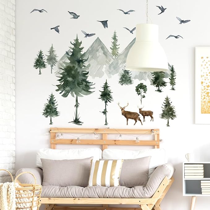 Watercolor Mountain Pine Tree Wall Decals Forest Tree Woodland Deer Birds Wall Stickers for Kids Bedroom Newsery Living Room Wall Decor