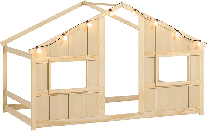Twin Montessori Floor Bed with Roof, LED Light, Wood House Bed Frame with Headboard and 2 Windows, Low to Ground Cute Playhouse Bed for Kids, Girls, Boys, Without Slats (Natural)