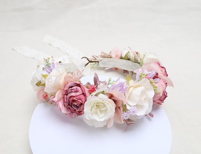 Flower Crown for Girls Children Floral Headpiece Pink Kids Headband Wedding Holo Hair Accessories Birthday Photo Prop (Dark Pink)