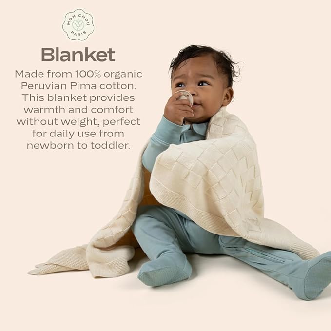 MON CHOU Knit Baby Blanket for Boys & Girls - Luxuriously Soft Pima Cotton for Crib, Nursery, or Stroller - Lightweight, Breathable Organic Cotton Baby Blanket - 30” x 37” (Ivory)