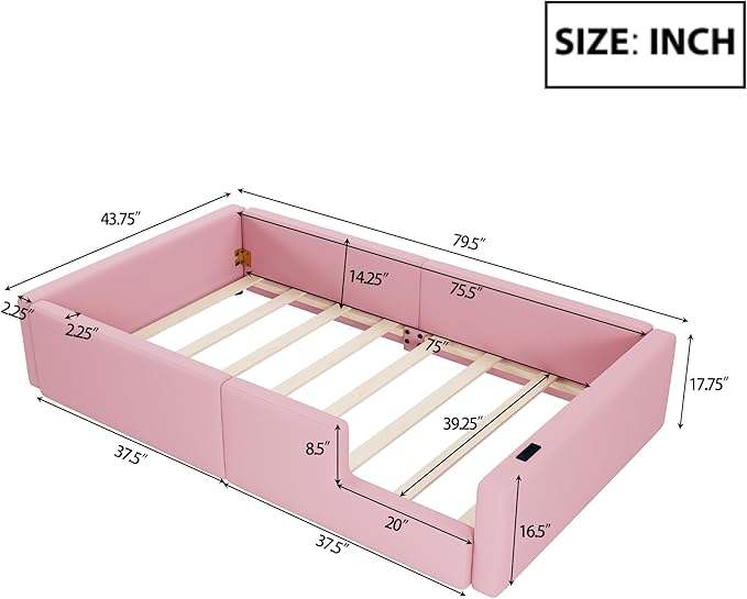 Twin Size Upholstered Platform Bed with Safety Guardrail, Montessori Kids Floor Bed, Child Grounded Bed with Charging Station and Sturdy Slats Support