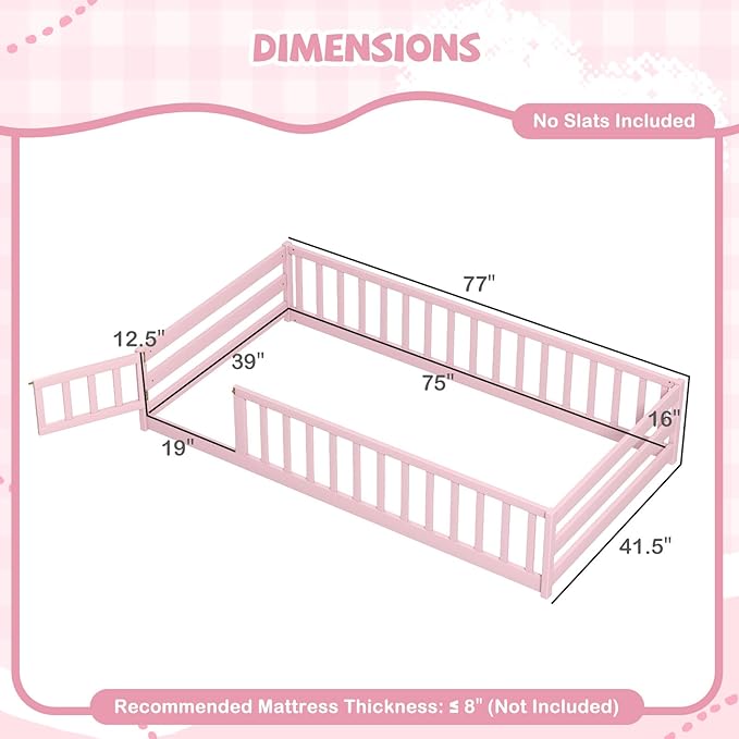 Giantex Twin Floor Bed with Door & Fence, Kids Wood Montessori Beds with Safety Guardrails, Floor Bed Twin for Kids, Boys, Girls, No Box Spring Needed, Pink