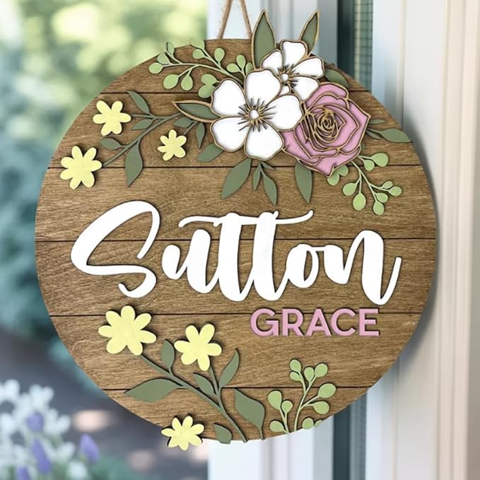 Custom Plaque with Engraved Name and Flowers – Personalized Wooden Name Signs for Nursery with Flowers, Baby Girl's Custom Name Sign Flower Room Decor, Gift for Newborn