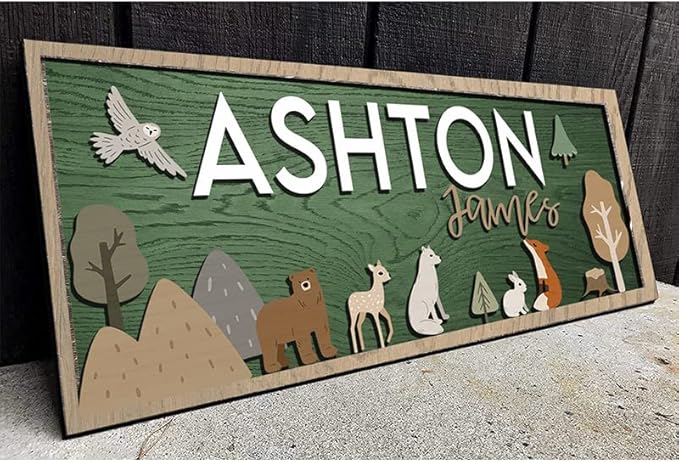 Woodland Animal Nursery Decor, Custom Name Sign for Baby Room, Personalized Kids Wall Art, Rustic Forest Theme Nursery Gift for Boys or Girls