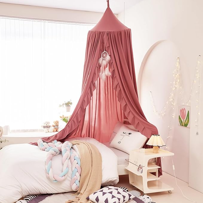 Mengersi Bed Canopy for Girls,Ruffled Canopy Bed Curtains Canopy for Girls Room,Hanging Canopy Princess Play Tent for Reading Nook Play Room Decor (JujubeRed)