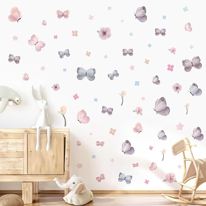 Watercolor Butterfly Wall Decals and Flower Wall Decor - 70 PCS Removable Peel and Stick Wall Stickers for Girls Room, Nursery, Kids Bedroom, Home Art Decals