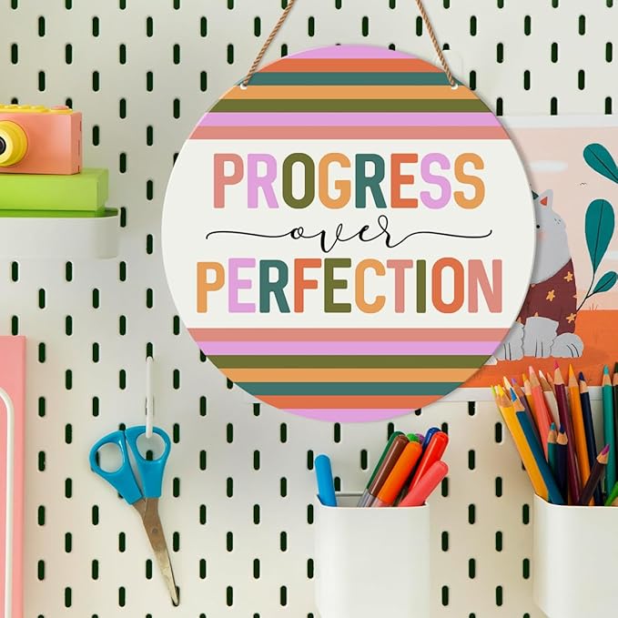 HSNBT Boho Classroom Wall Decor, Nursery kindergarten Classroom Positive Wall Decor Primary School Hanging Sign Decoration, Progress Over Perfection