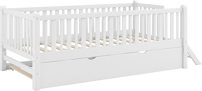 LUMISOL Twin Size Low Platform Bed Frame with Trundle, Wood Floor Bed with Ladder & Fence Guardrail for Kids Teens Girls Boys, No Box Spring Needed, White