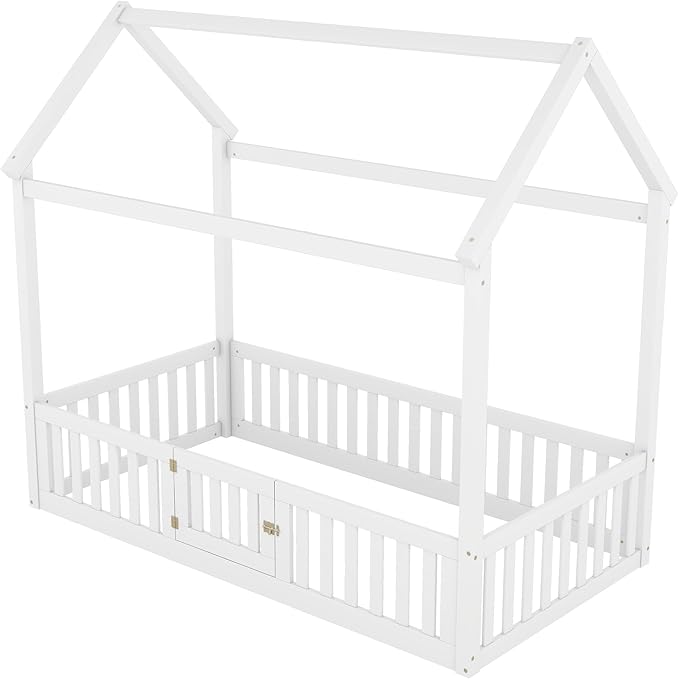 Bellemave Twin House Bed for Kids, Wooden Kids bedframe with Rails and roof, Montessori Floor beds, White with Door no slats