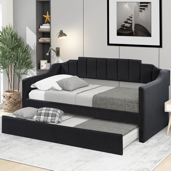 Bellemave Twin Upholstered daybed with Trundle, Sofa Bed Twin Size, daybed with Trundle for Adults, Kids, Girls, Teens, for Living Room, Black
