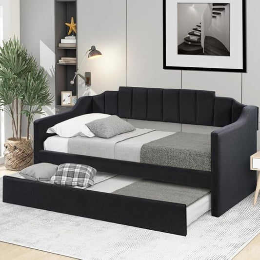 Bellemave Twin Upholstered daybed with Trundle, Sofa Bed Twin Size, daybed with Trundle for Adults, Kids, Girls, Teens, for Living Room, Black