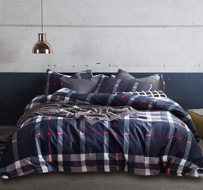 Jumeey Navy Plaid Duvet Cover Dark Blue Bedding Set King Grid Buffalo Checkered Duvet Cover Men Women Boys Teens Tartan Check Grid Bedding King Size