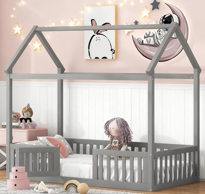 Bellemave Twin House Bed for Kids, Wooden Kids bedframe with Rails and Storage, Montessori Floor beds, Gray with Door no slats