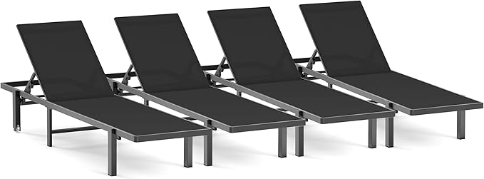 Pool Chaise Lounge Chair Set of 4, Outdoor Lounge Chairs with Wheels, 5-Position Adjustable Sun Loungers for Outside, Deck, Beach, Black