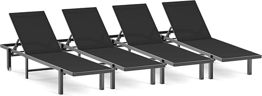 Pool Chaise Lounge Chair Set of 4, Outdoor Lounge Chairs with Wheels, 5-Position Adjustable Sun Loungers for Outside, Deck, Beach, Black