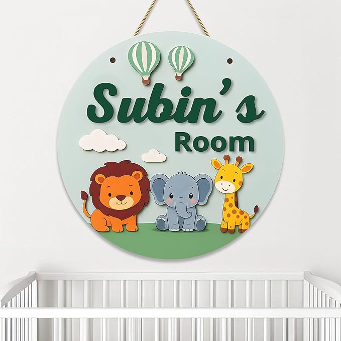 Custom Jungle Animal Room Sign – Personalized Nursery Door Plaque with Lion, Elephant, Giraffe, Nursery Wall Decor for Boys or Girls, Wooden Name Sign
