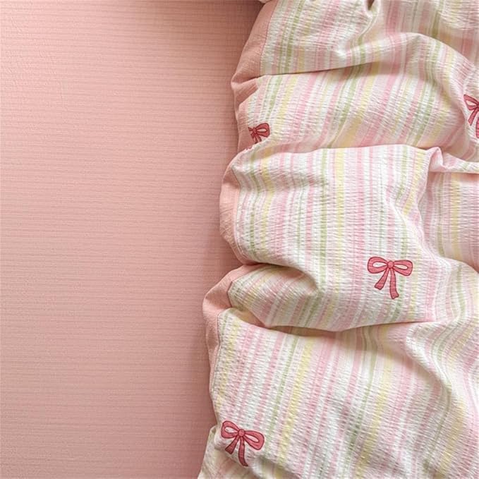 Striped Duvet Cover Queen Size Pink Bow Bedding Set Kids Boys Girls Princess Style Bowknot Coquette Reversible Soft Microfiber Duvet Cover Set 3 Pieces with 2 Pillowcases