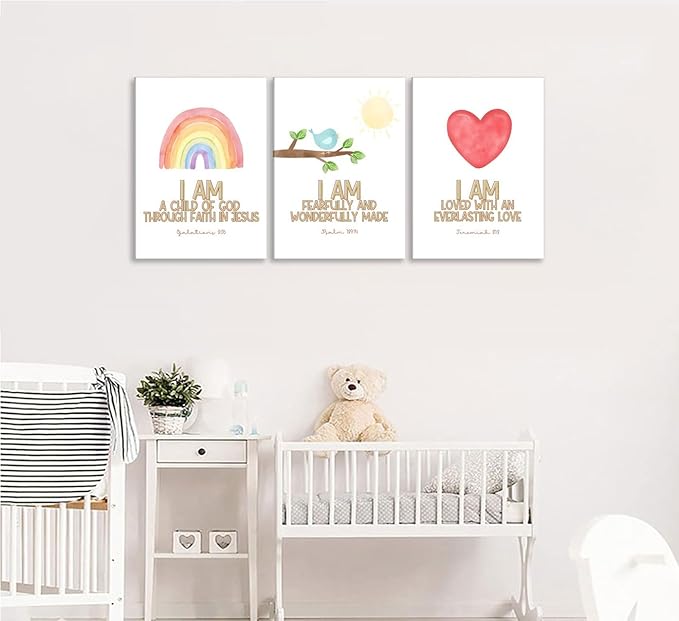 3Pcs Nursery Bible Verse Canvas Wall Art Colorful Rainbow Motivational Affirmation Wall Decor Pictures Christian Kids Scripture Introduction Posters Prints for Kids Room Nursery Home Decoration