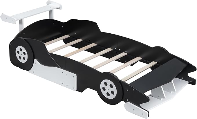 Flieks Twin Size Race Car-Shaped Platform Bed Frame for Boys Girls Kids Adults Toddler with Wheels,Black