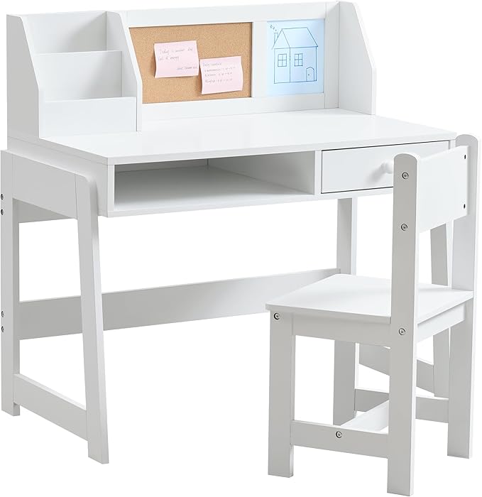 Kids Study Desk and Chair Set, Student Table and Chair Set with Storage Shelf, Wooden Kids Desk with Hutch, Children Writing Table for Home School