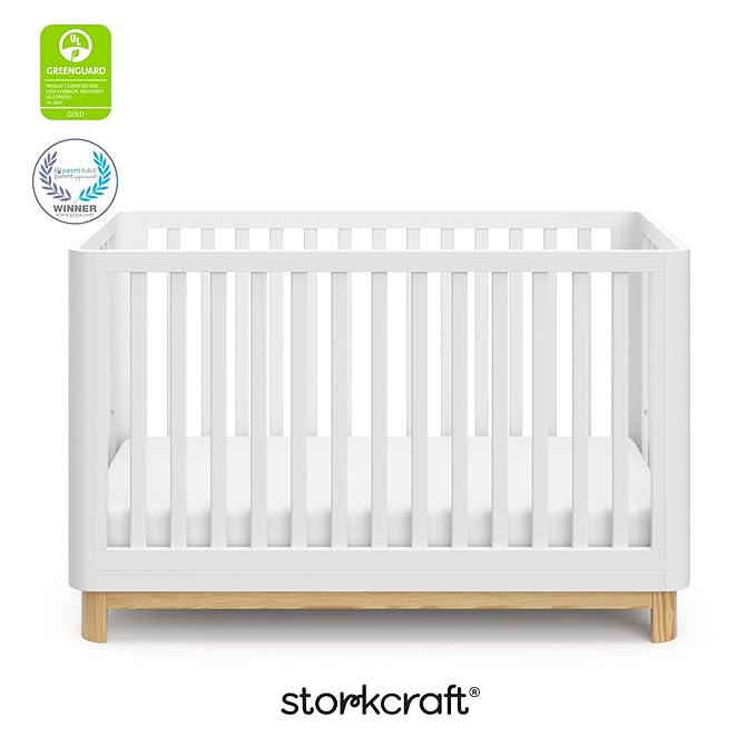 Storkcraft Santos 3-in-1 Convertible Crib (White with Natural) – GREENGUARD Gold Certified, Fits Standard Crib Mattress, Converts to Toddler Bed, Modern Style, Rounded Designer Details