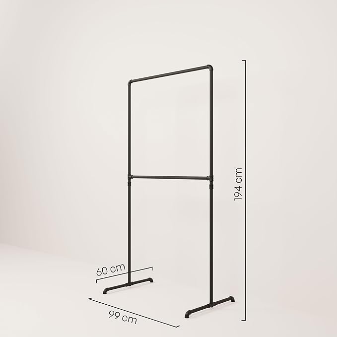 pamo Industrial Design garment rack - LAS I Black - freestanding Coat Rack for Walk-In Wardrobe Wall I Clothes Rack Made of Black Sturdy Pipes freestanding from Water Pipe