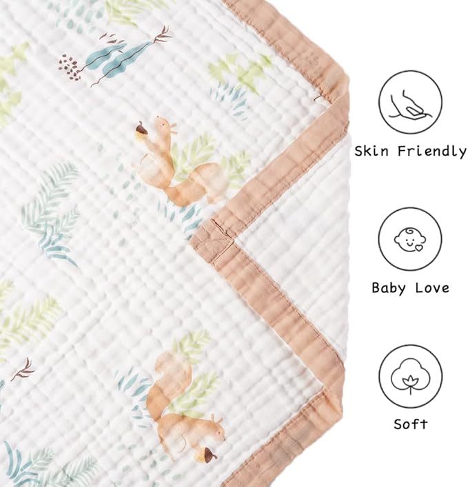 BATTILO PTY 6 Layer Muslin Baby Blankets, Nursery Blankets for Boys Girls, Swaddle Blankets Babt Blanket Neutral Soft Lightweight Toddler and Kids Throw Blankets (Coffee Squirrel)