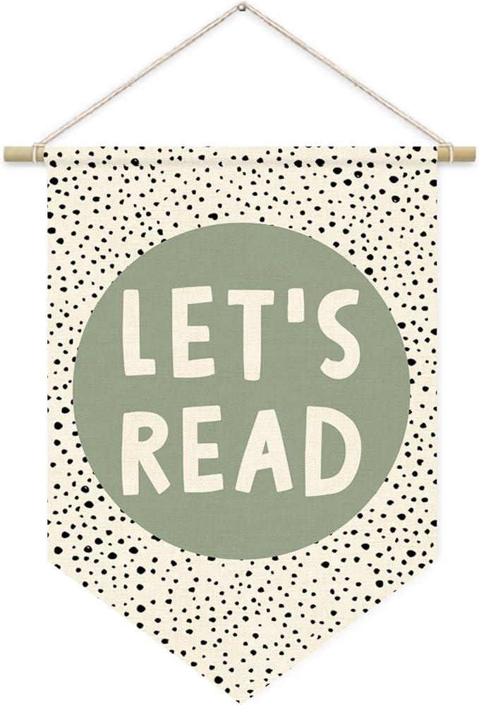 Let's Read Sage Green Banner, Boho Classroom Decor, Trendy Black Dots Wall Hanging Pennant Flag Banner Decor for Reading Corner Nook