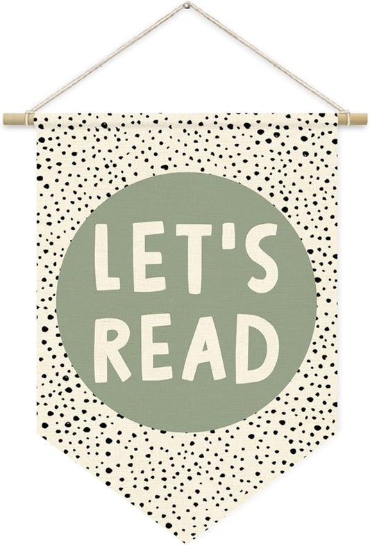 Let's Read Sage Green Banner, Boho Classroom Decor, Trendy Black Dots Wall Hanging Pennant Flag Banner Decor for Reading Corner Nook