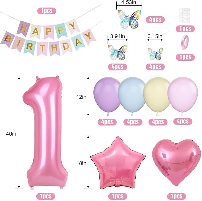 1st Birthday Decoration for Girls, Pastel Macaron 1st Birthday Balloon, Pink Number 1 Balloon with Butterfly Stickers, Star Heart Foil Balloons Banner Set for Baby 1 Year Old Birthday Party Decor