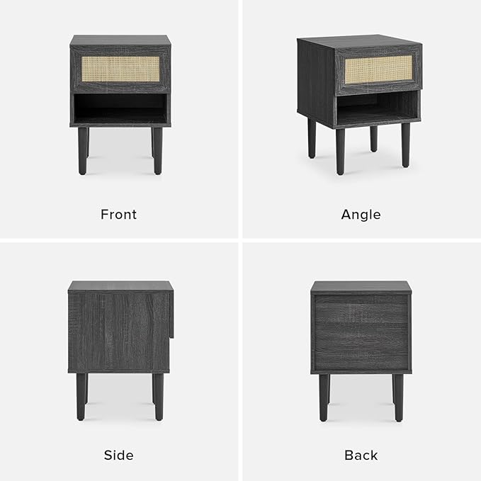 mopio Haylee Rattan Side Table, Small Accent Tables for Living Room, Mid Century Modern Night Stand, Bedside Tables, Wood Nightstands for Bedroom (Black, Single)