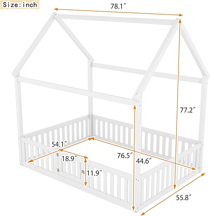 Bellemave Full House Bed for Kids, Wooden Kids bedframe with Rails and roof, Montessori Floor beds, White with Door no slats