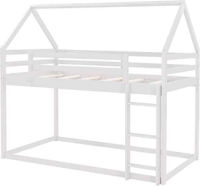 MERITLINE House Shaped Bunk Bed Twin Over Twin Size Wood Bunk Bed Frame Low Bunk Beds for Kids and Toddlers, Twin Size,White