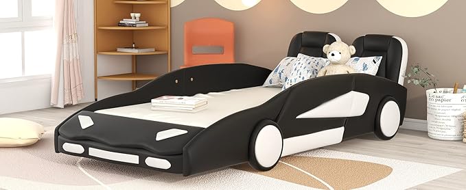 Twin Size Race Car-Shaped Platform Bed Bedframe with Wheels, 89" L x 43.75" W x 27" H Black