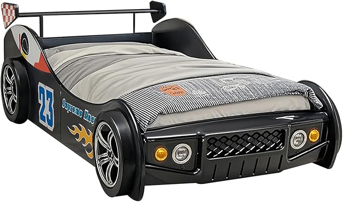 HMFULE Twin Bed Frames for Kids, Wood Race Car-Shaped Bed Frame Platform with Wheels LED Lights & Slat Support for Toddler, Teens, Boys or Girls, No Box Spring Needed (Black)