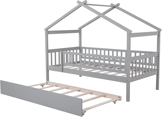 Merax Twin Size Wooden House Bed with Twin Size Trundle, Wood Bed Frame with Roof and Safety Guardrail for Kids, Teens, Boys or Girls, Grey